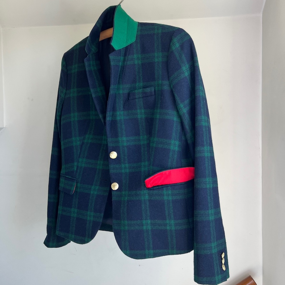 J.Crew Plaid Schoolboy Blazer Size 10 Green Navy Wool Blend Crest Button Preppy - Picture 2 of 9